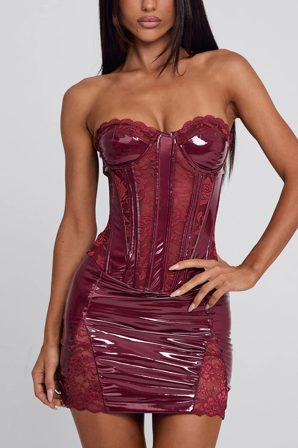 Strapless Cinch Waist Lace Slim Fit Party Mini Dresses-Red Pre Order - Image 4