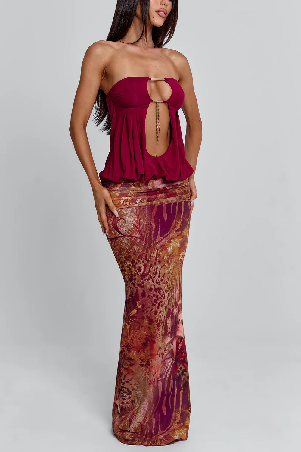Strapless Party Velvet Cut Out Top Print Maxi Skirt 2pcs Set-Red Pre Order - Image 2