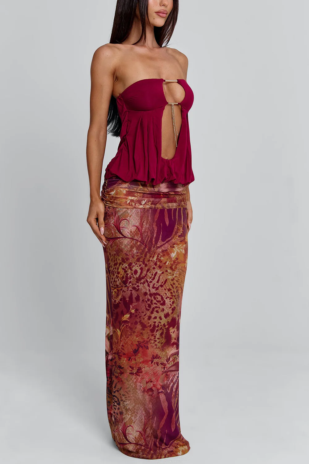 Strapless Party Velvet Cut Out Top Print Maxi Skirt 2pcs Set-Red Pre Order - Image 4