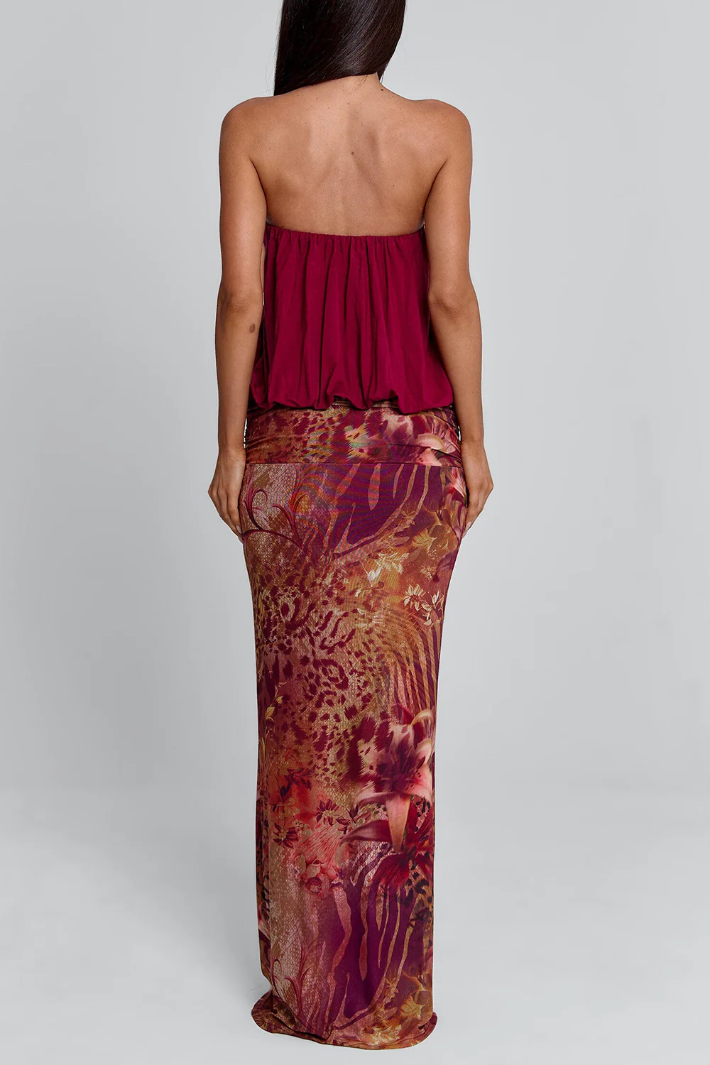 Strapless Party Velvet Cut Out Top Print Maxi Skirt 2pcs Set-Red Pre Order - Image 5