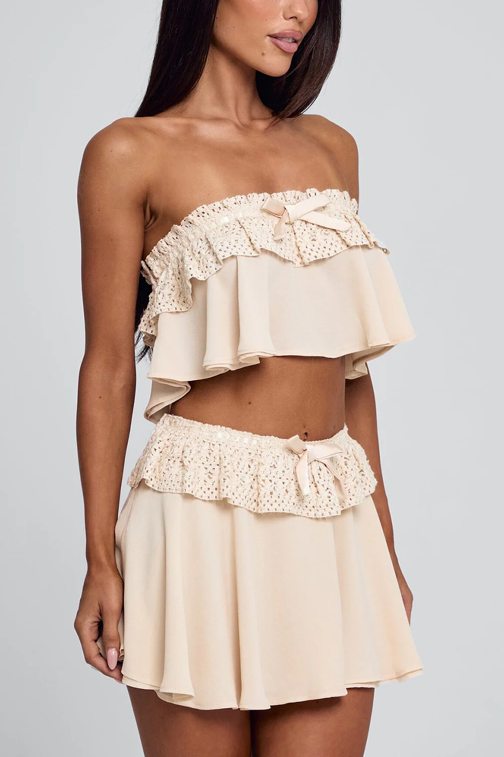 Strapless Ruffled Crop Top Guipure Mini Skirt 2pcs Set-Beige Pre Order - Image 4