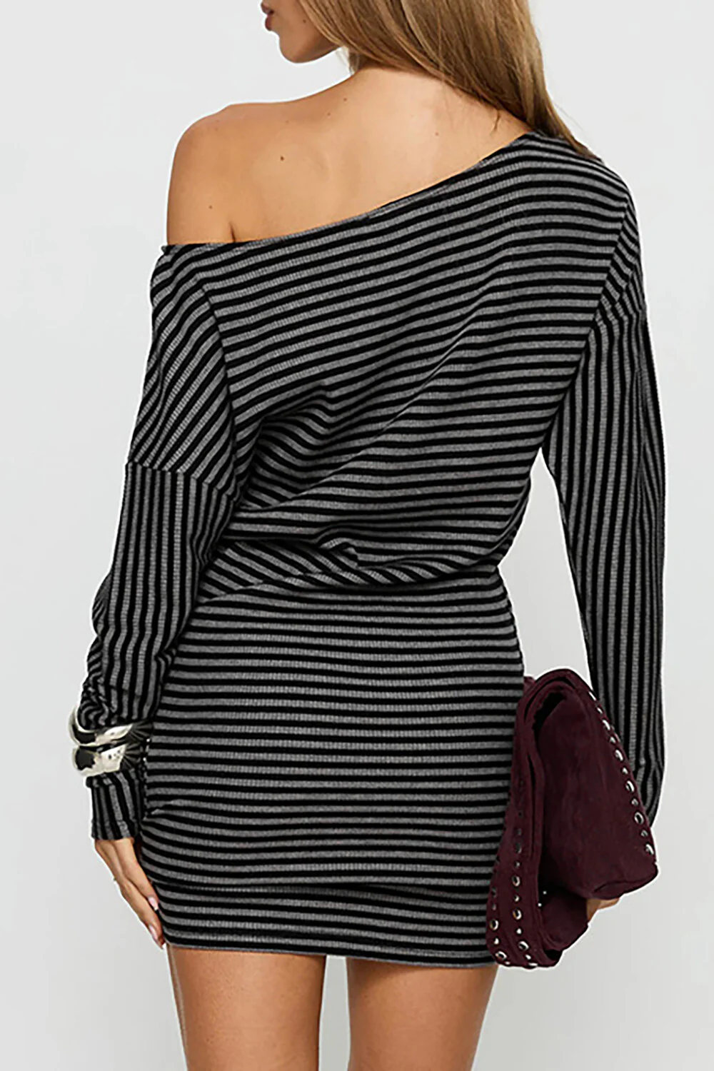 Striped Knit Off Shoulder Long Sleeve Slim Fit Casual Mini Dresses-Grey - Image 3