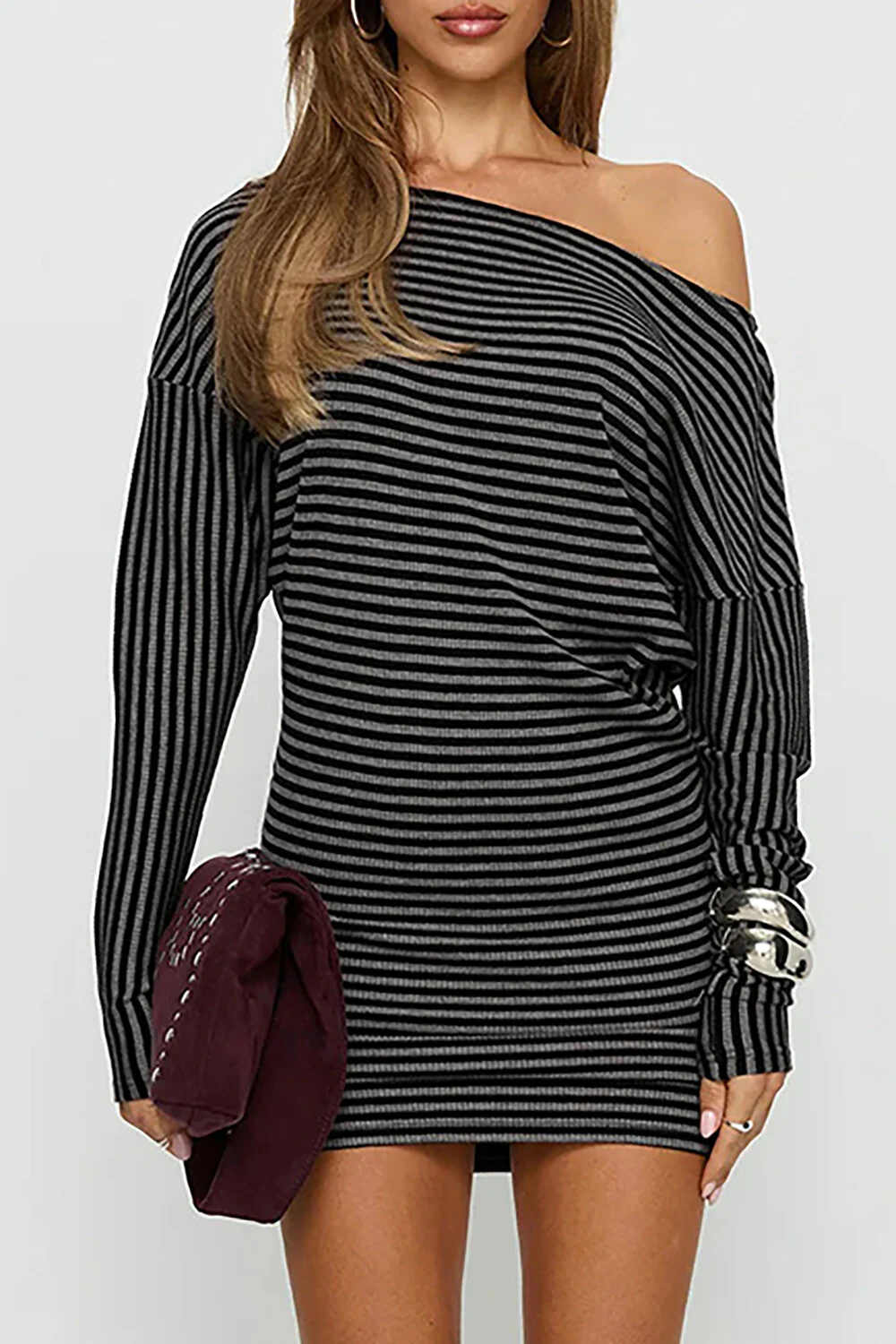 Striped Knit Off Shoulder Long Sleeve Slim Fit Casual Mini Dresses-Grey - Image 4