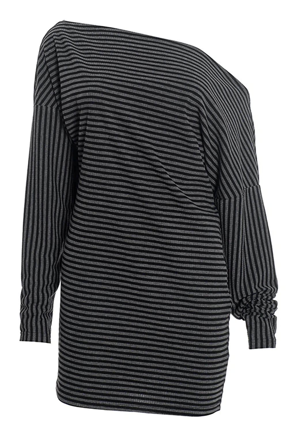 Striped Knit Off Shoulder Long Sleeve Slim Fit Casual Mini Dresses-Grey - Image 7