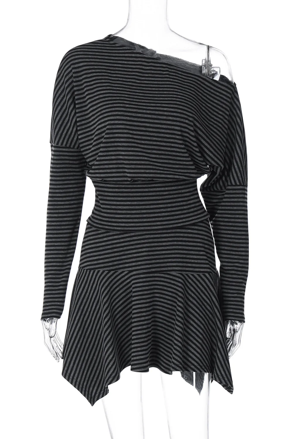 Striped Print Off Shoulder Long Sleeve Top Irregular Mini Skirt Set-Grey - Image 6
