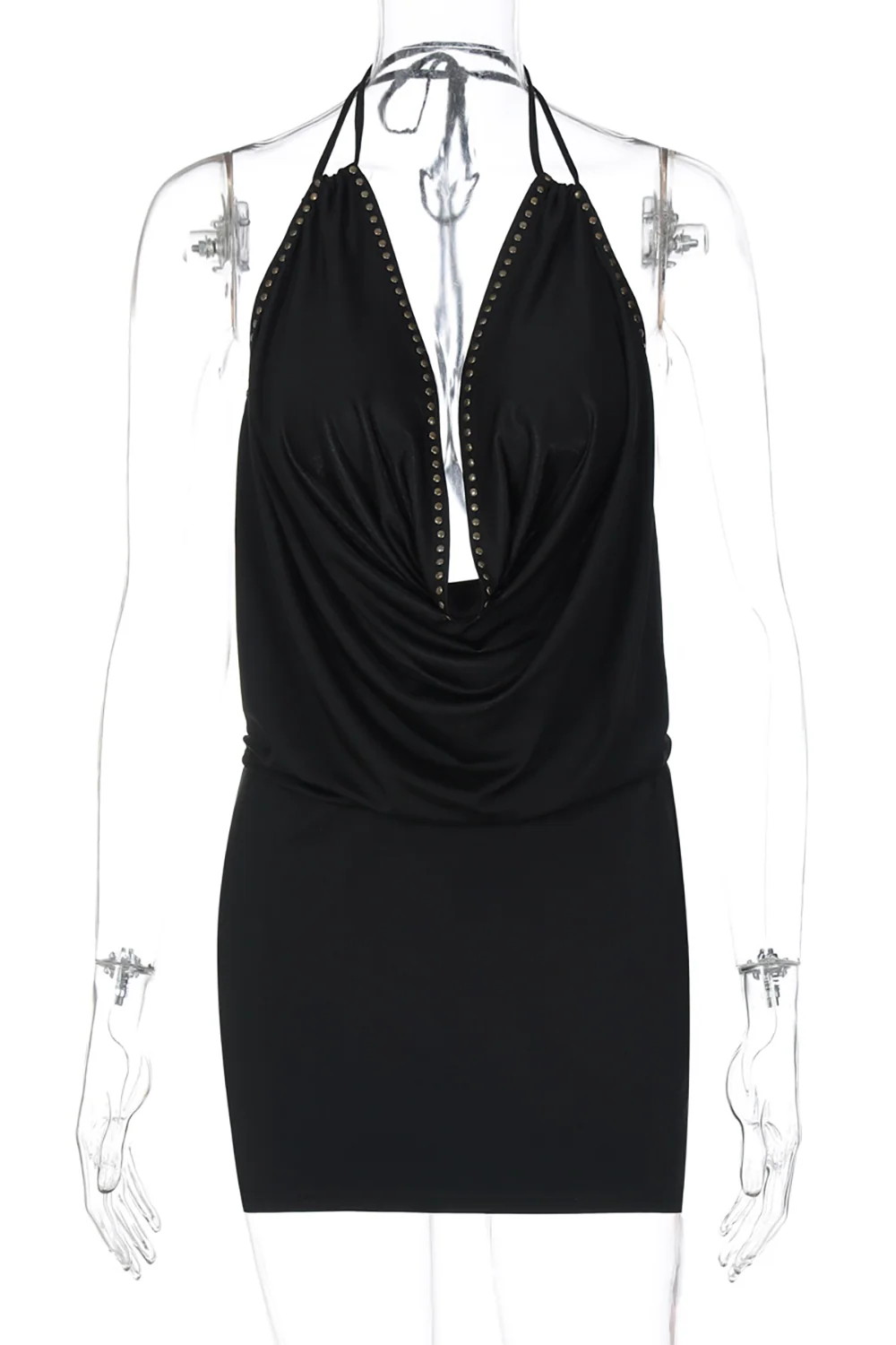 Studded Trim Cowl Neckline Halter Bodycon Mini Dresses-Black - Image 5