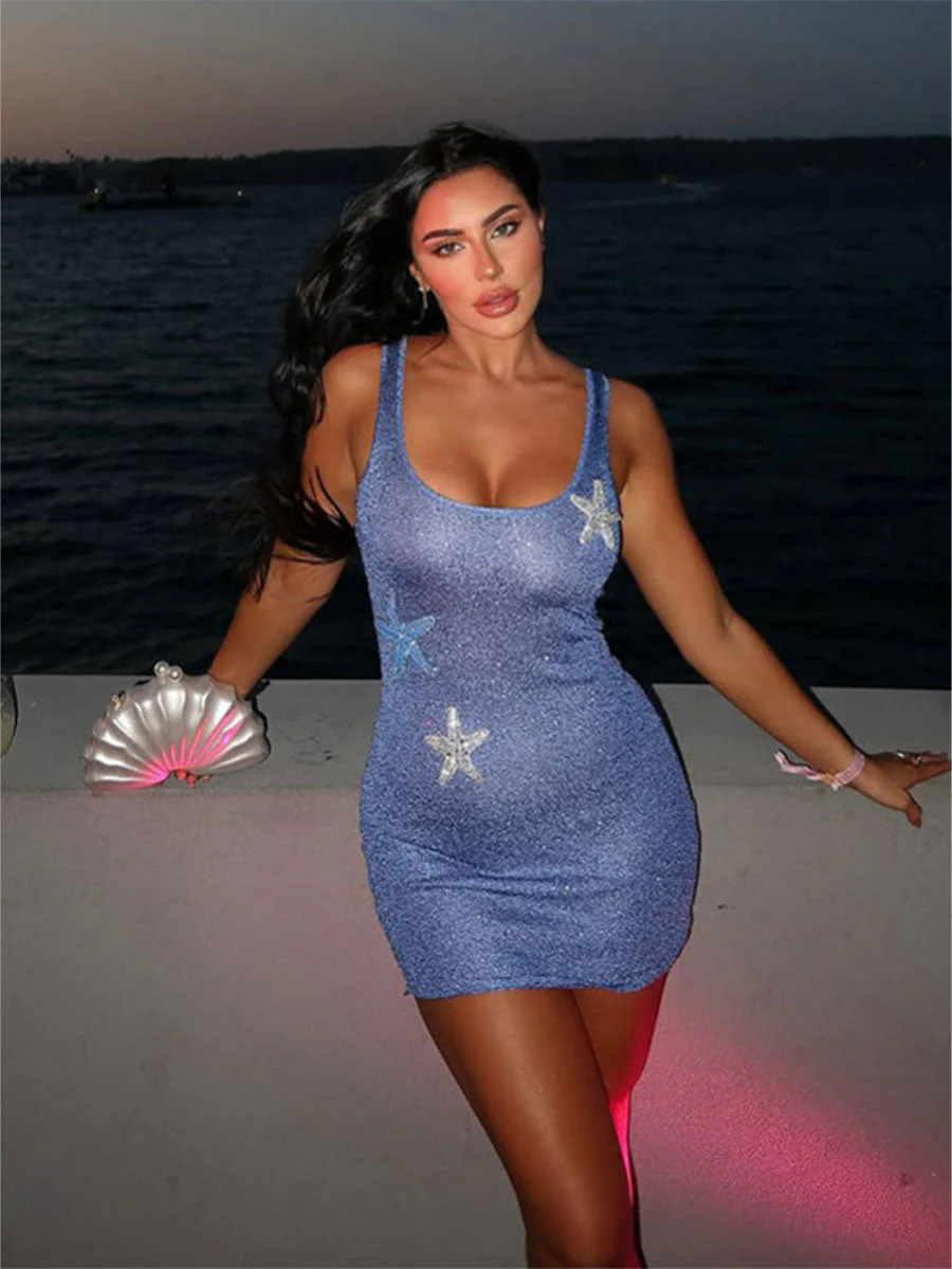 Summer Knit Sequin Star Pattern Mini Dress - Image 3