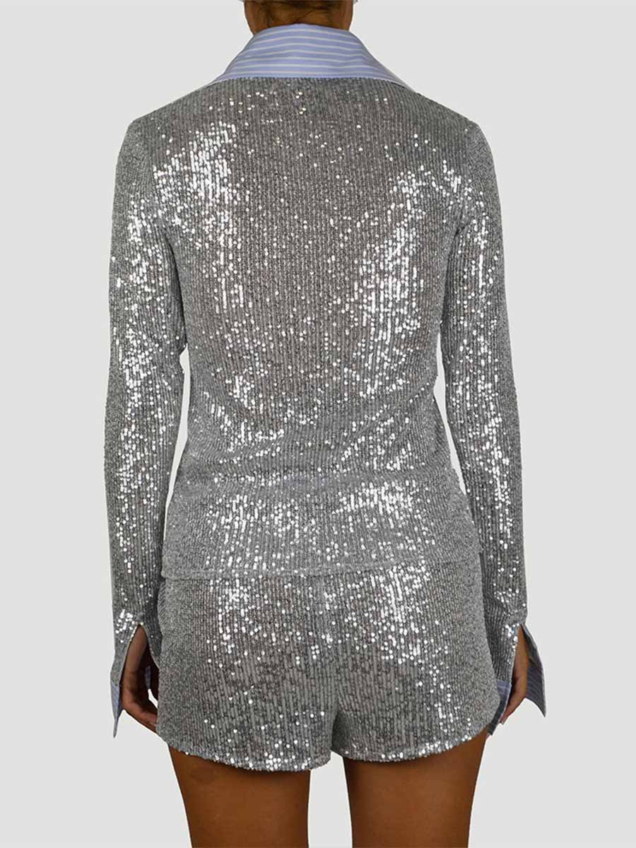 Summer Sequin Shirt and Slim Shorts Casual Set - Image 5