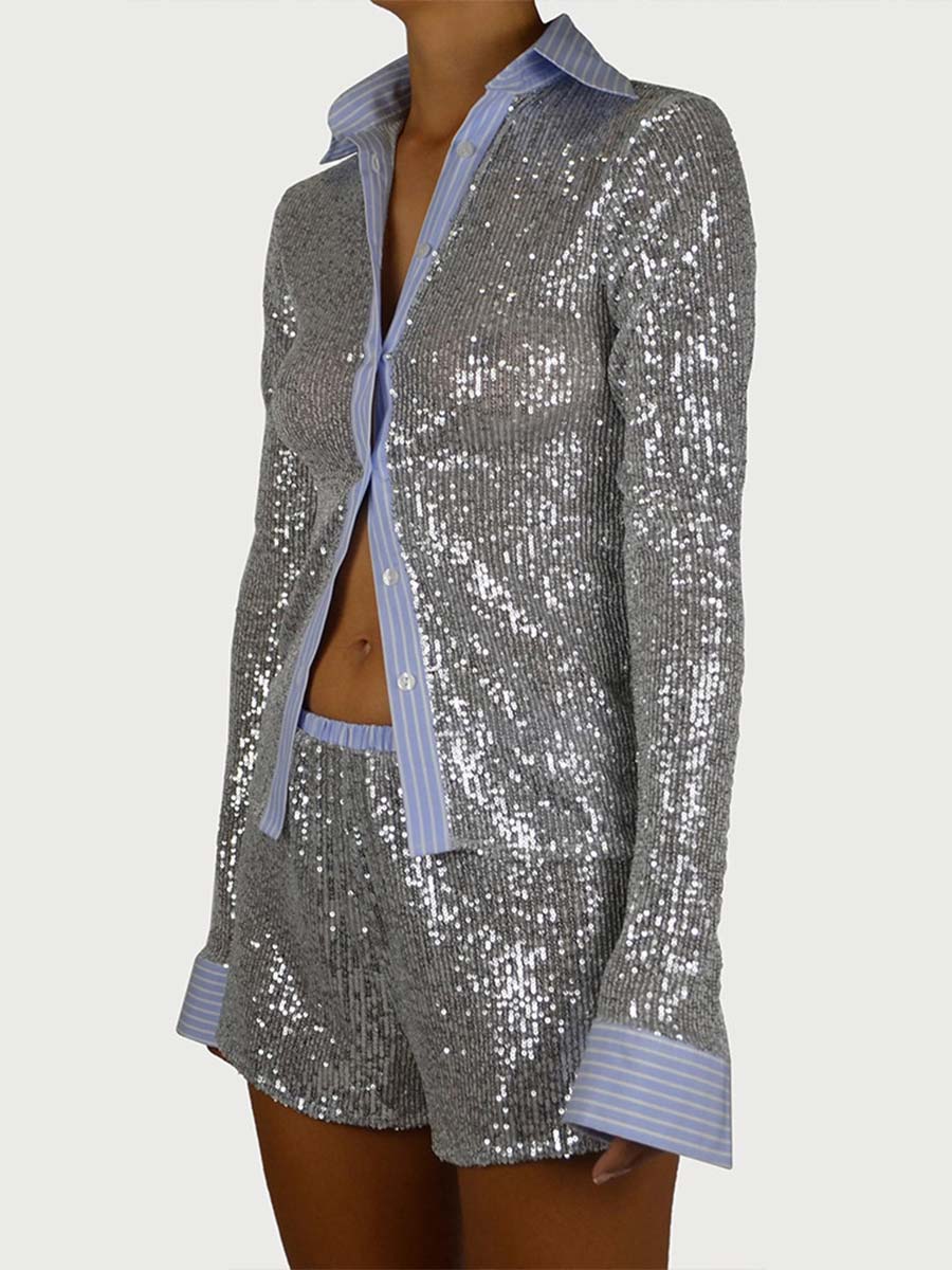 Summer Sequin Shirt and Slim Shorts Casual Set - Image 6