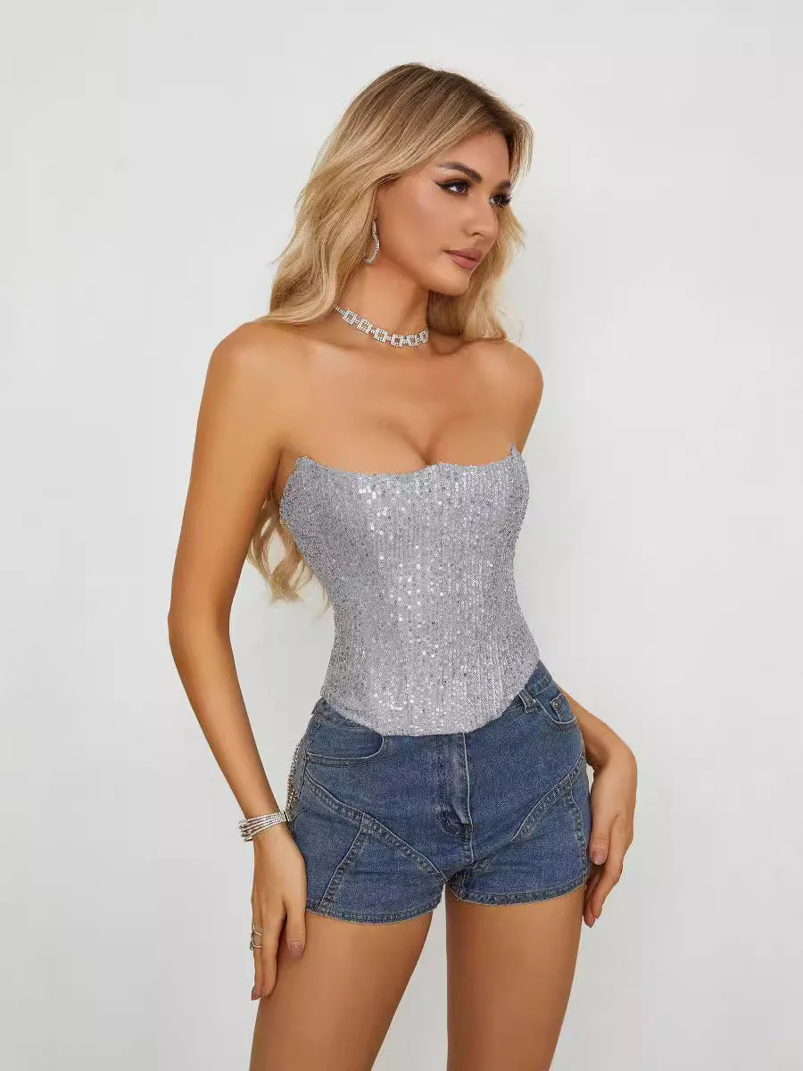 Summer Slim Fit Sexy Strapless Sequin Crop Top - Image 2