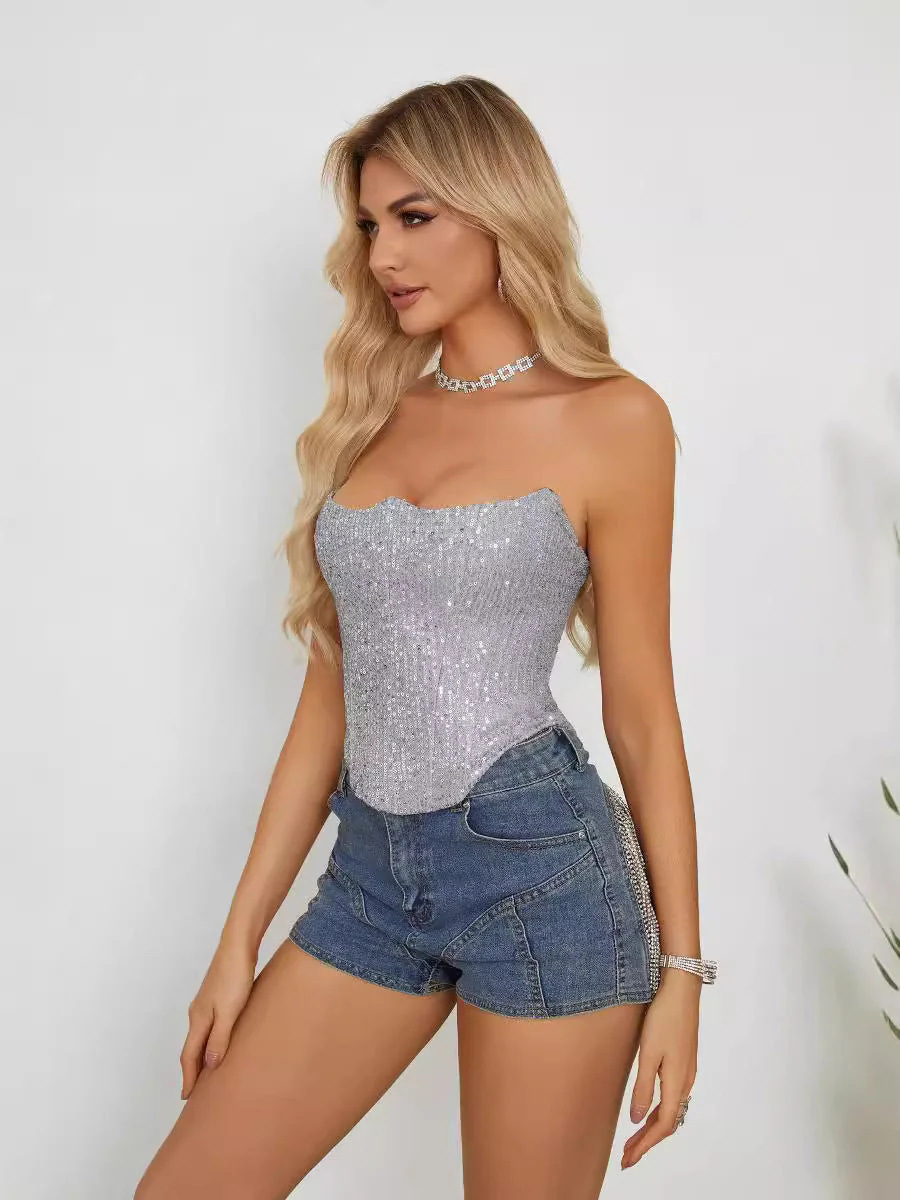 Summer Slim Fit Sexy Strapless Sequin Crop Top - Image 3