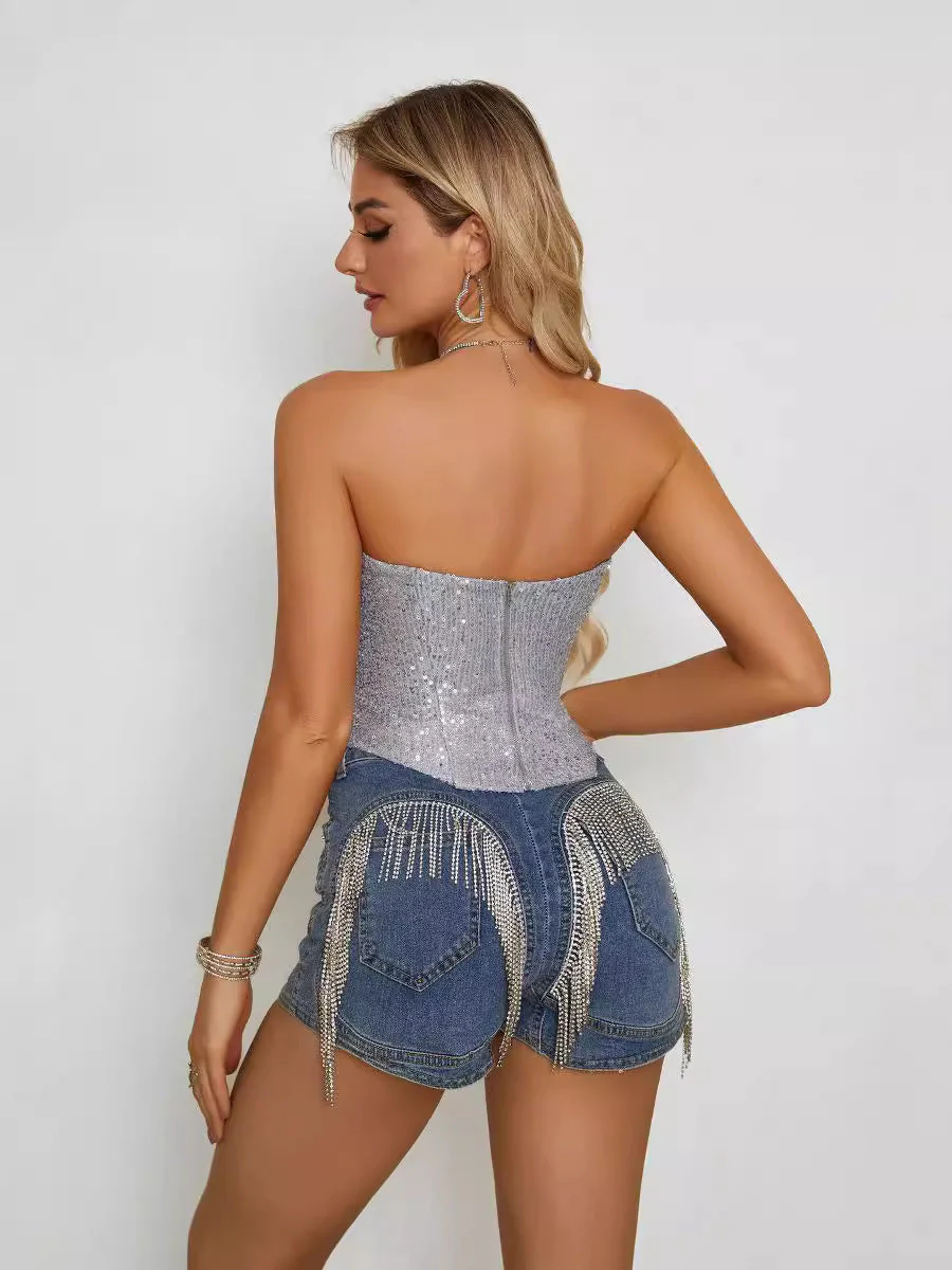 Summer Slim Fit Sexy Strapless Sequin Crop Top - Image 4
