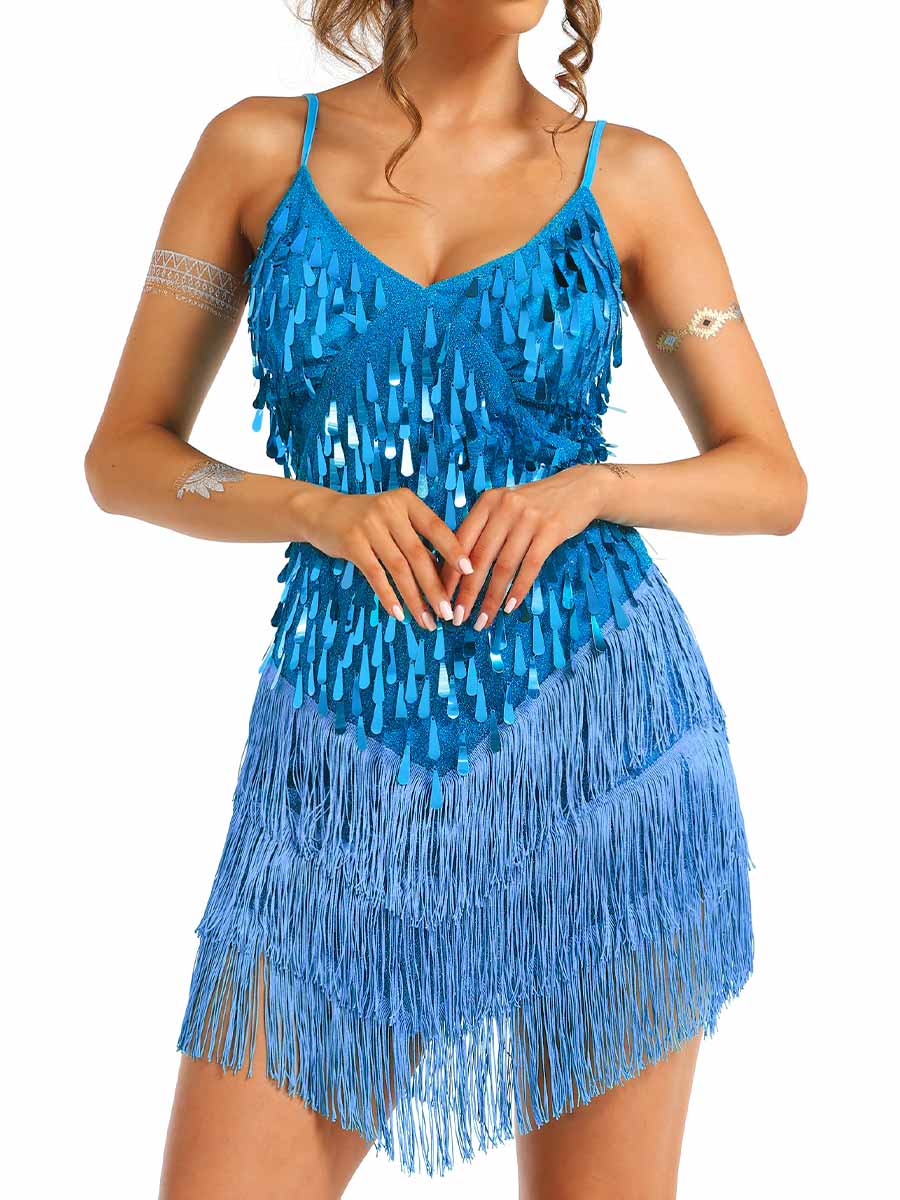 Thin Strap Blue Sequin Tassel Dress - Image 3
