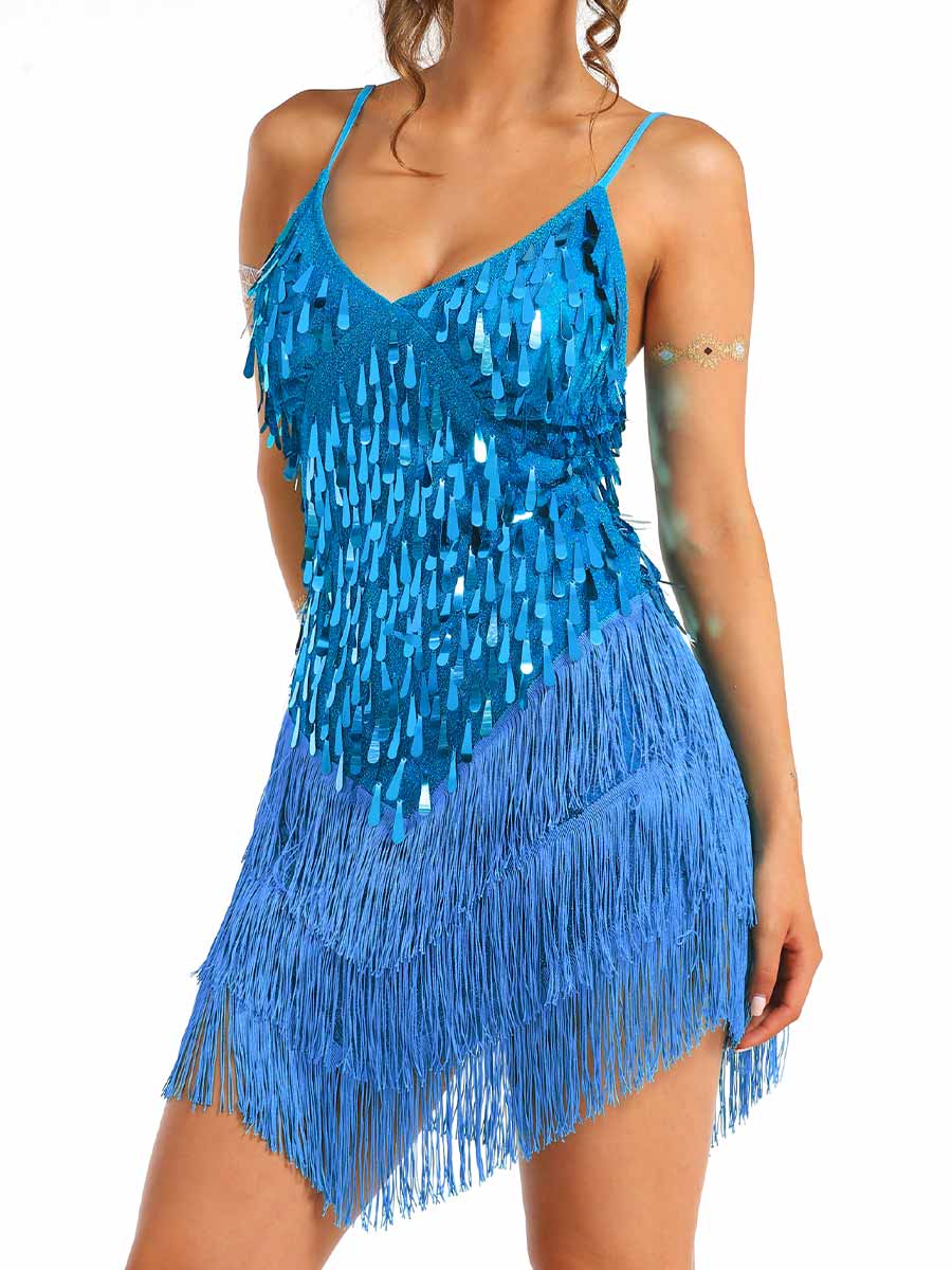 Thin Strap Blue Sequin Tassel Dress - Image 6