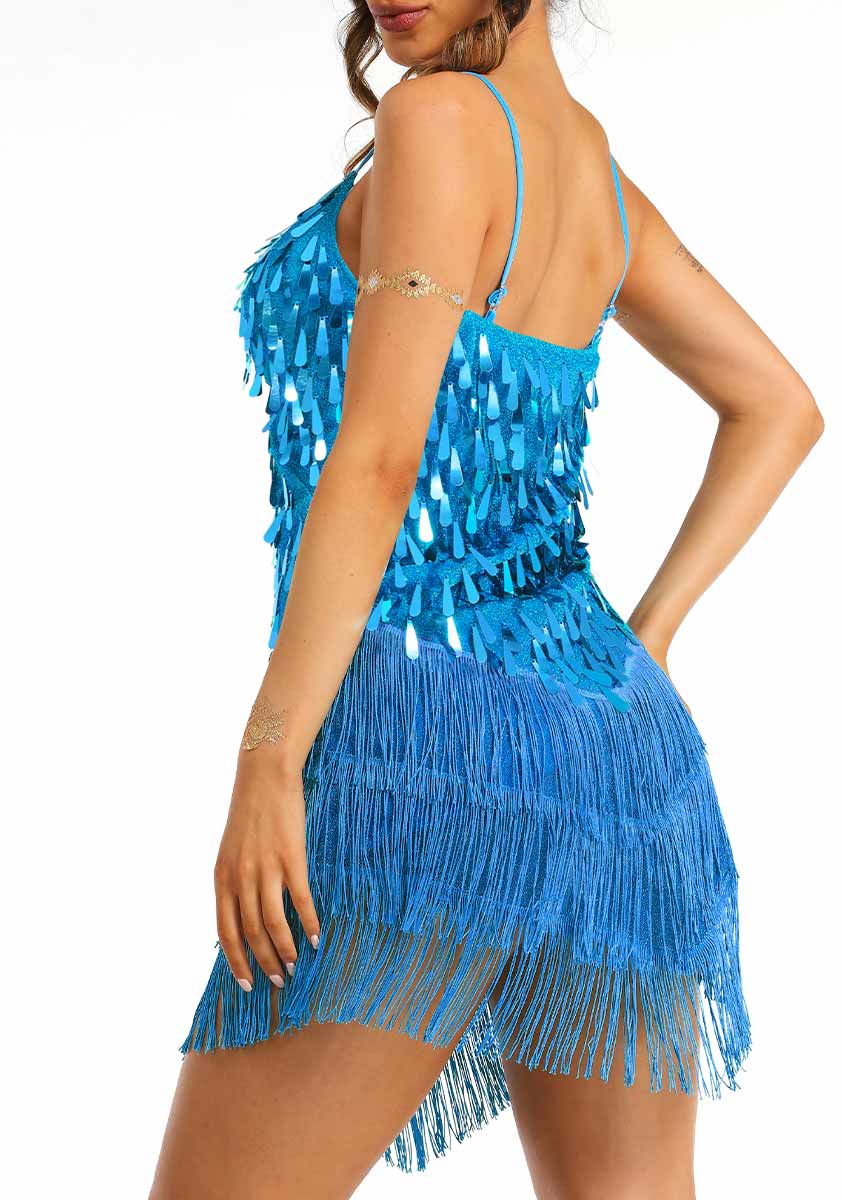 Thin Strap Blue Sequin Tassel Dress - Image 7