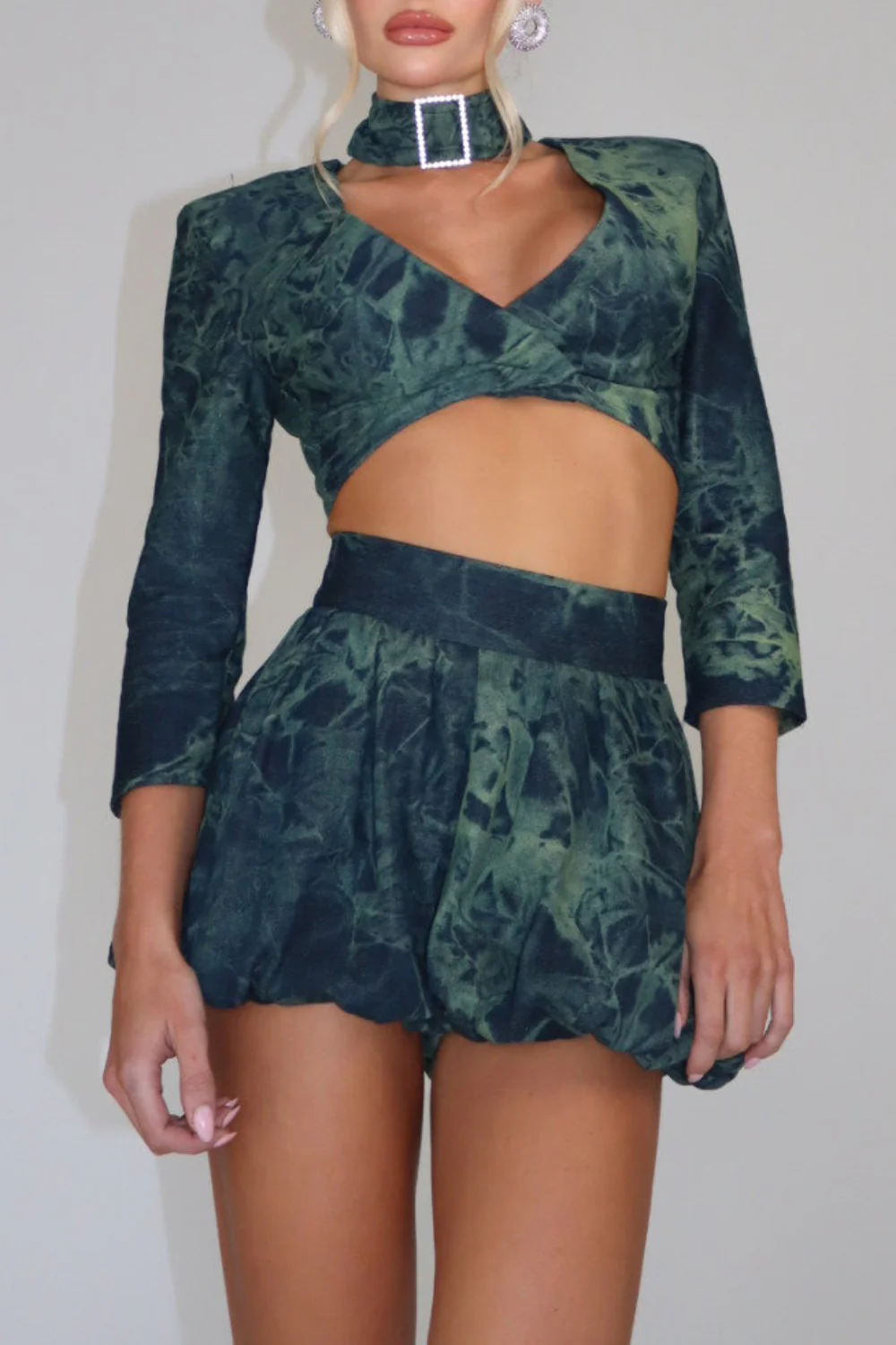 Tie-Dye Cut Out Crop Top Bubble Shorts 2pcs Set-Green Pre Order