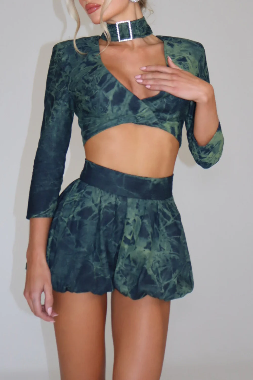 Tie-Dye Cut Out Crop Top Bubble Shorts 2pcs Set-Green Pre Order - Image 3