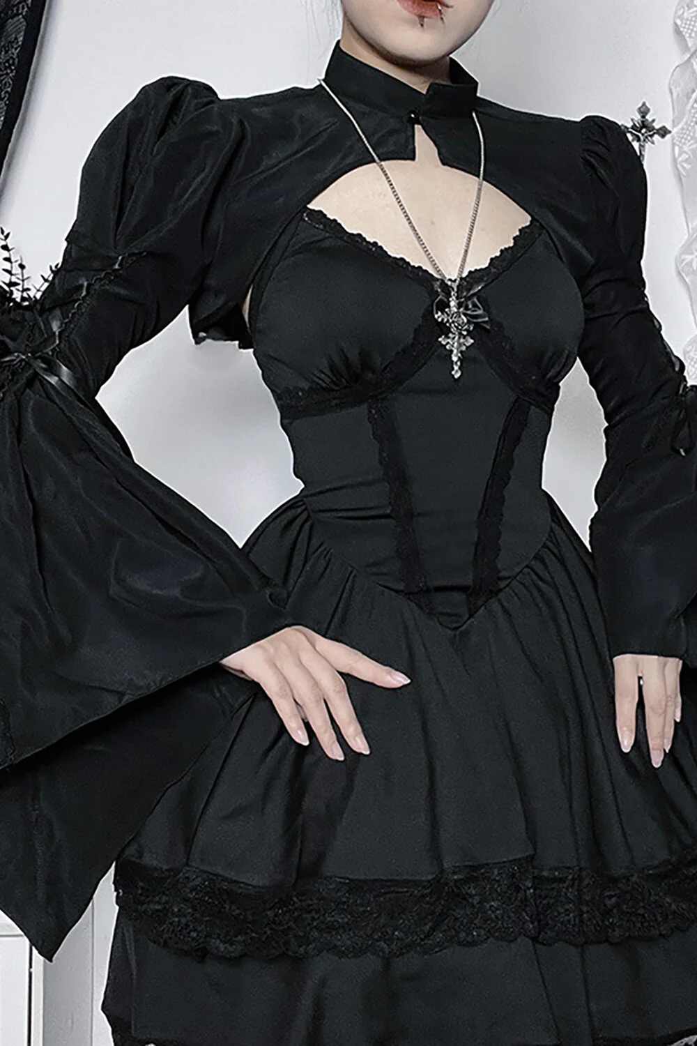 Tie Up Bell Sleeve Stand Collar Crop Top-Black - Image 2