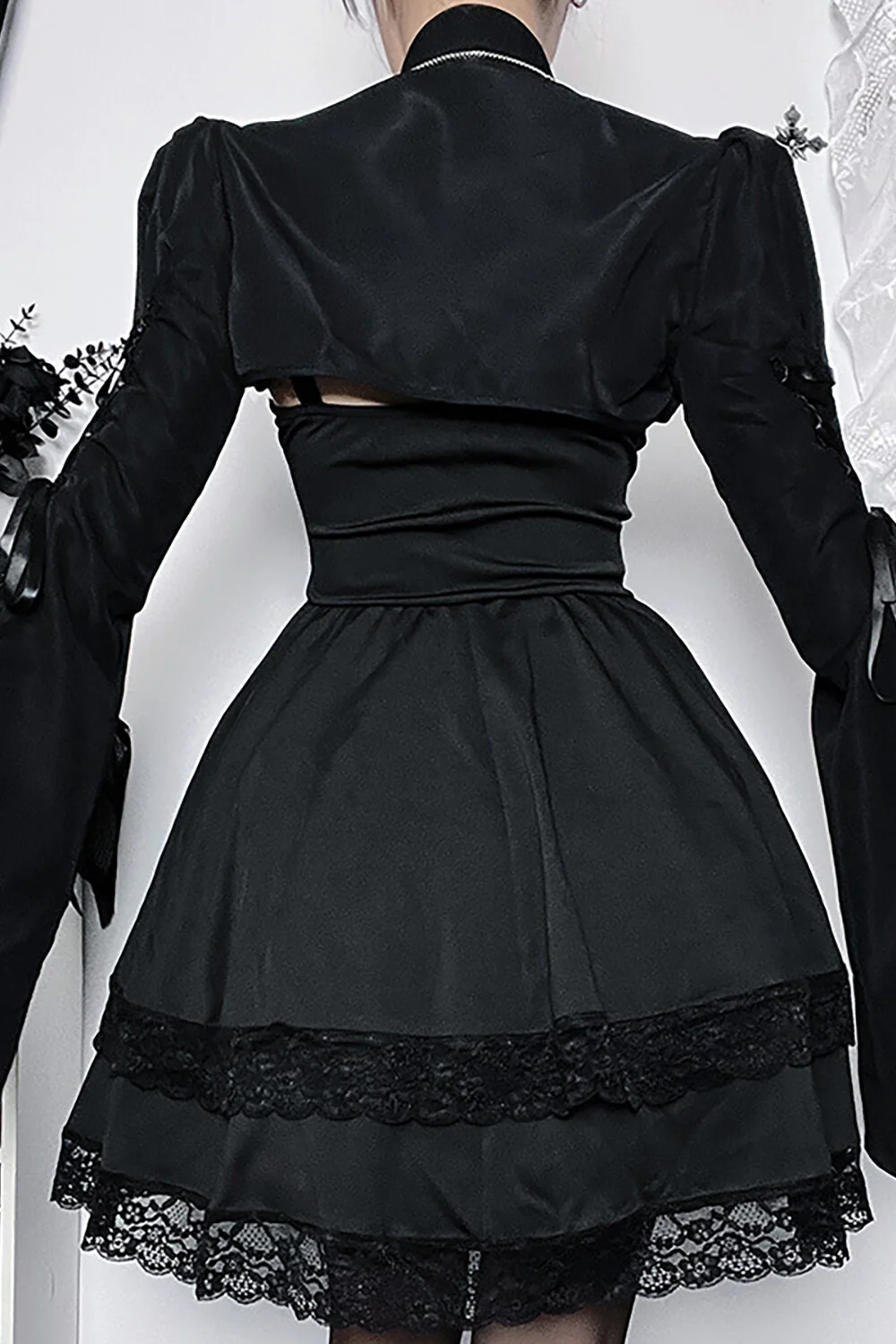 Tie Up Bell Sleeve Stand Collar Crop Top-Black - Image 3