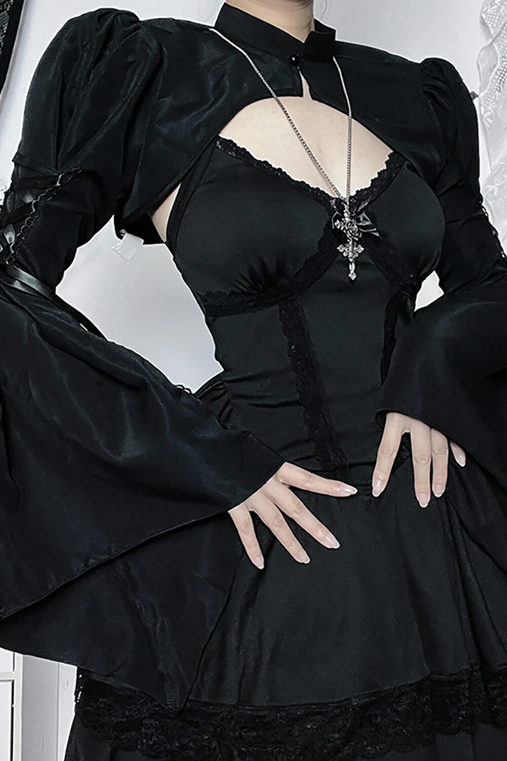 Tie Up Bell Sleeve Stand Collar Crop Top-Black - Image 4