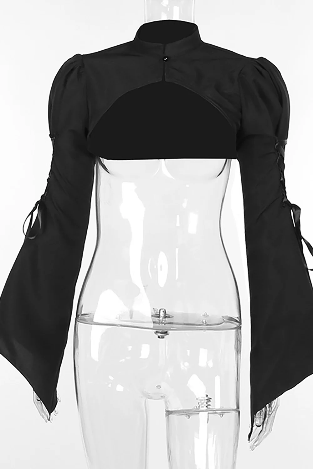 Tie Up Bell Sleeve Stand Collar Crop Top-Black - Image 5