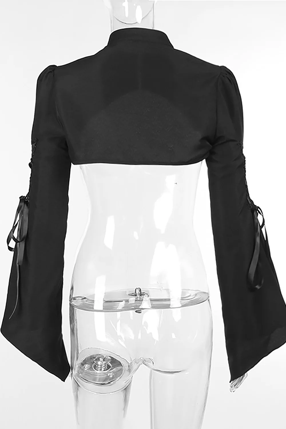 Tie Up Bell Sleeve Stand Collar Crop Top-Black - Image 6
