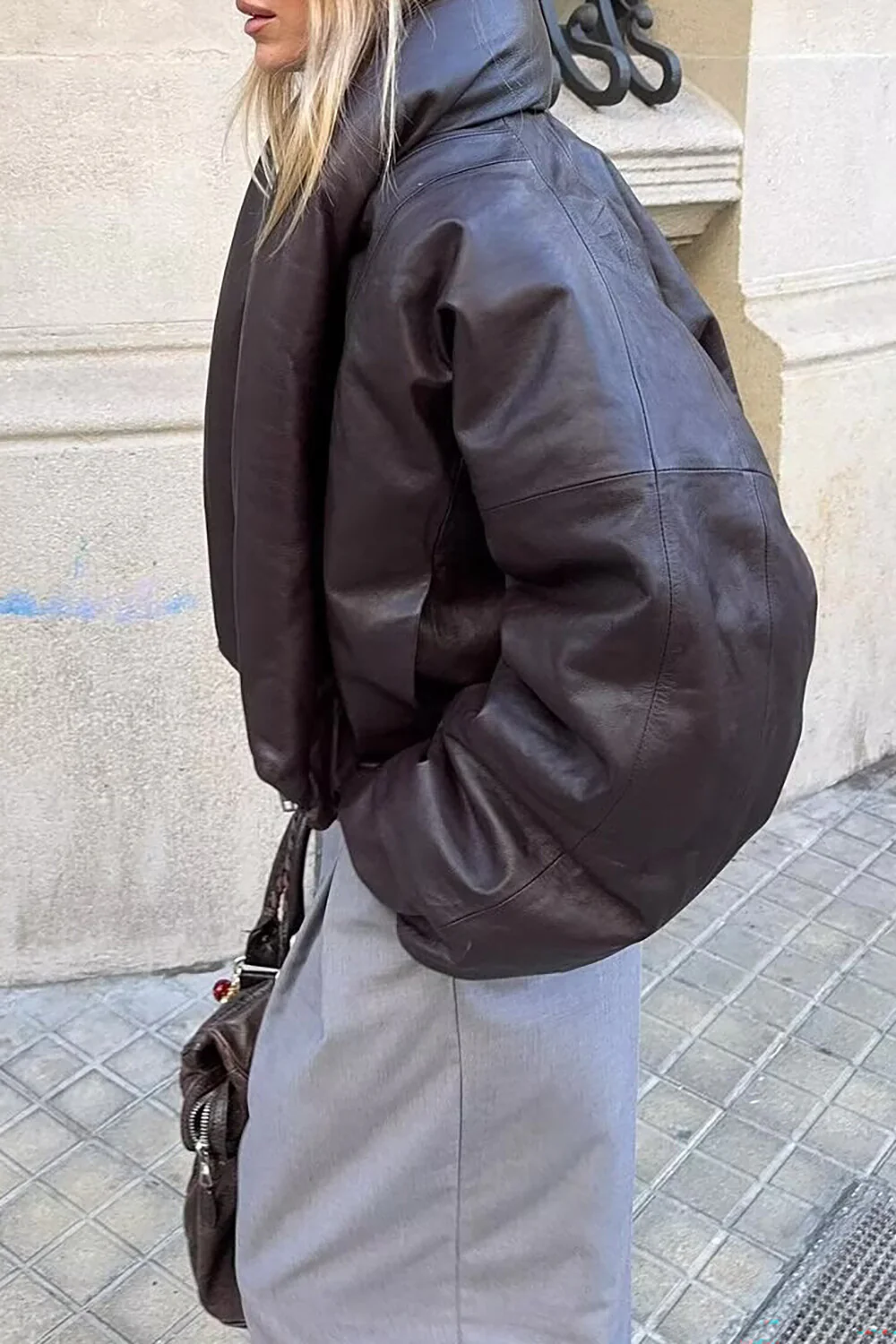 Turndown Collar Long Sleeve Solid Color Faux Leather Crop Padded Coat-Brown - Image 3