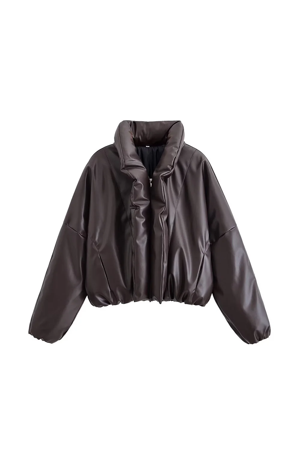 Turndown Collar Long Sleeve Solid Color Faux Leather Crop Padded Coat-Brown - Image 4
