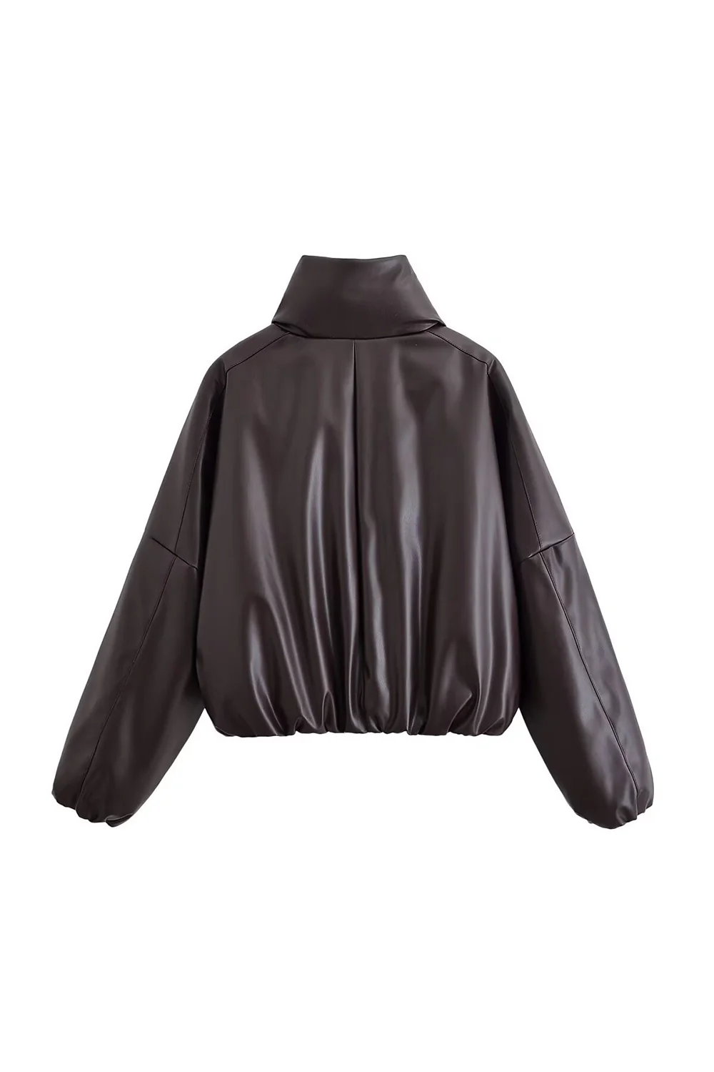 Turndown Collar Long Sleeve Solid Color Faux Leather Crop Padded Coat-Brown - Image 5