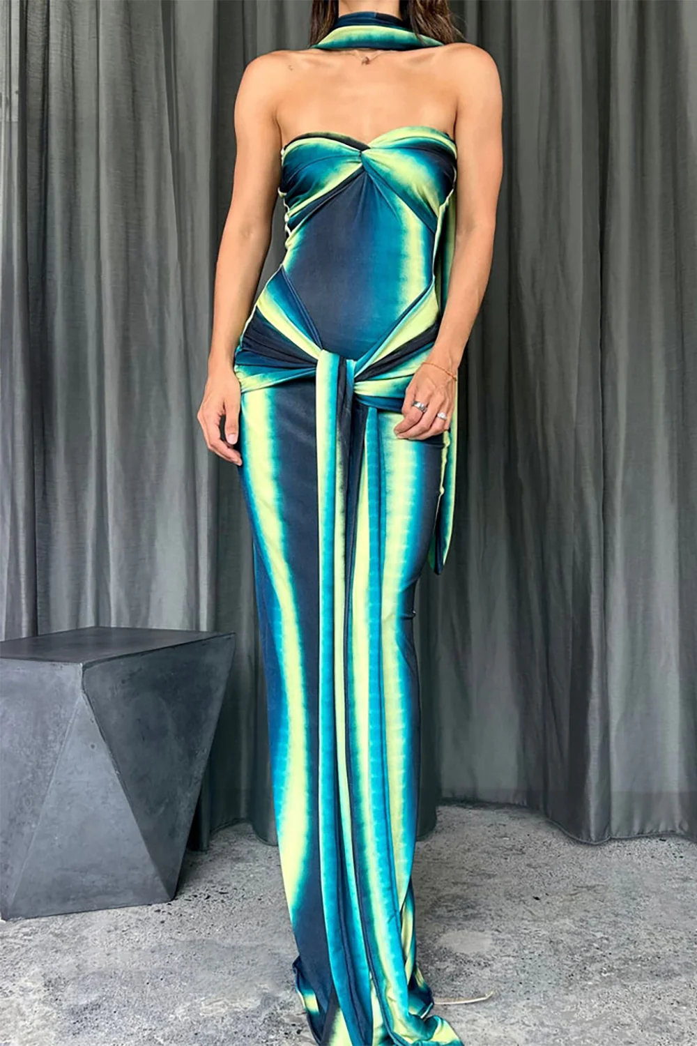 Twisted Strapless Ombre Color Fitted Tie Up Sash Maxi Dresses-Blue Pre Order - Image 8