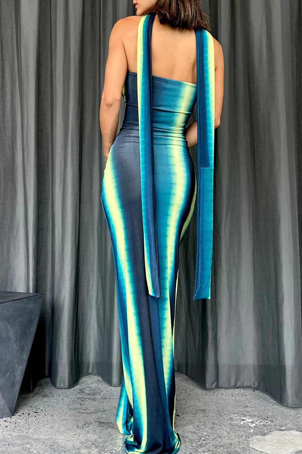 Twisted Strapless Ombre Color Fitted Tie Up Sash Maxi Dresses-Blue Pre Order - Image 9