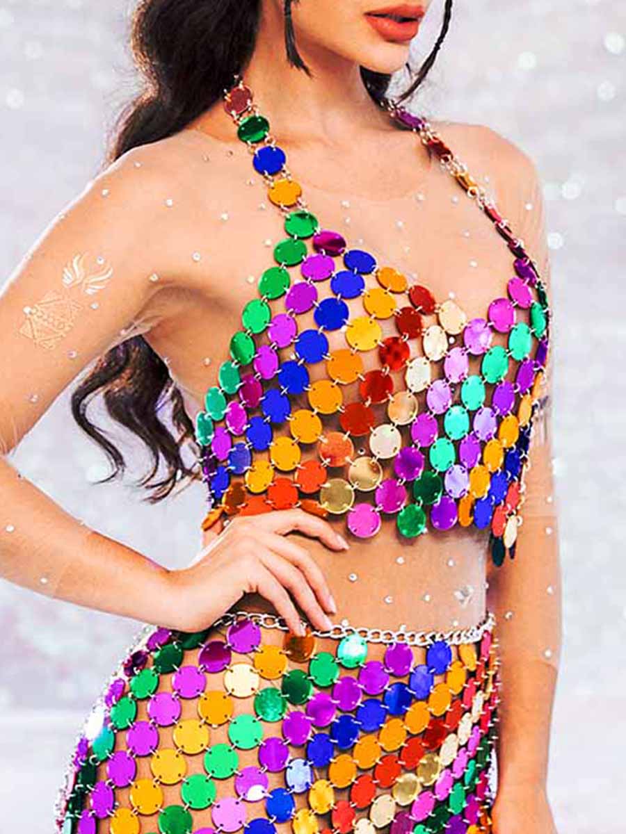 Two Piece Set Sequin - Rainbow Halter Top + Mini Skirt - Image 2