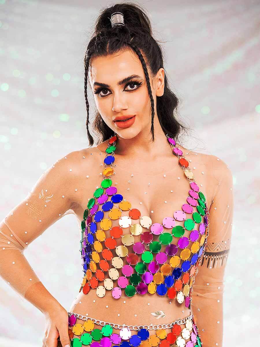 Two Piece Set Sequin - Rainbow Halter Top + Mini Skirt - Image 3