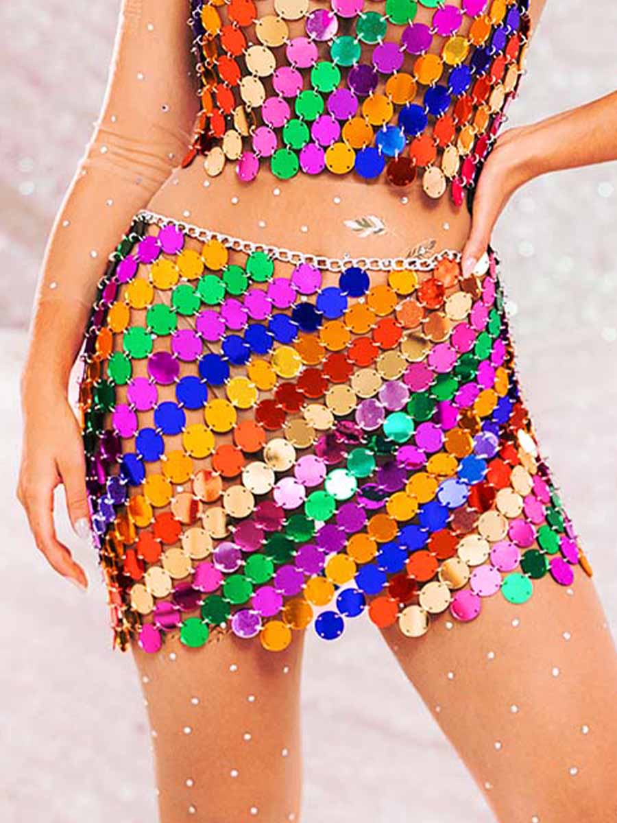 Two Piece Set Sequin - Rainbow Halter Top + Mini Skirt - Image 4