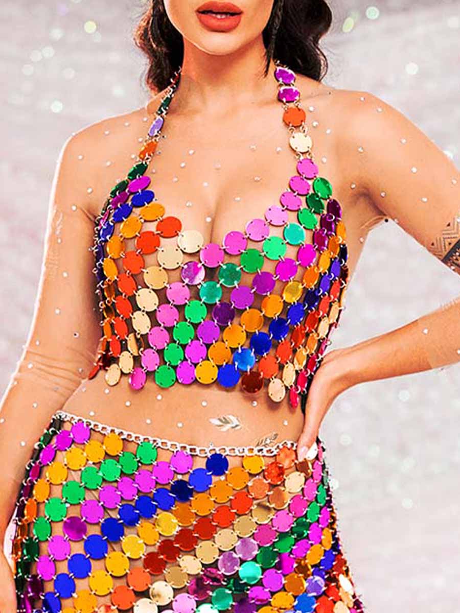 Two Piece Set Sequin - Rainbow Halter Top + Mini Skirt - Image 5