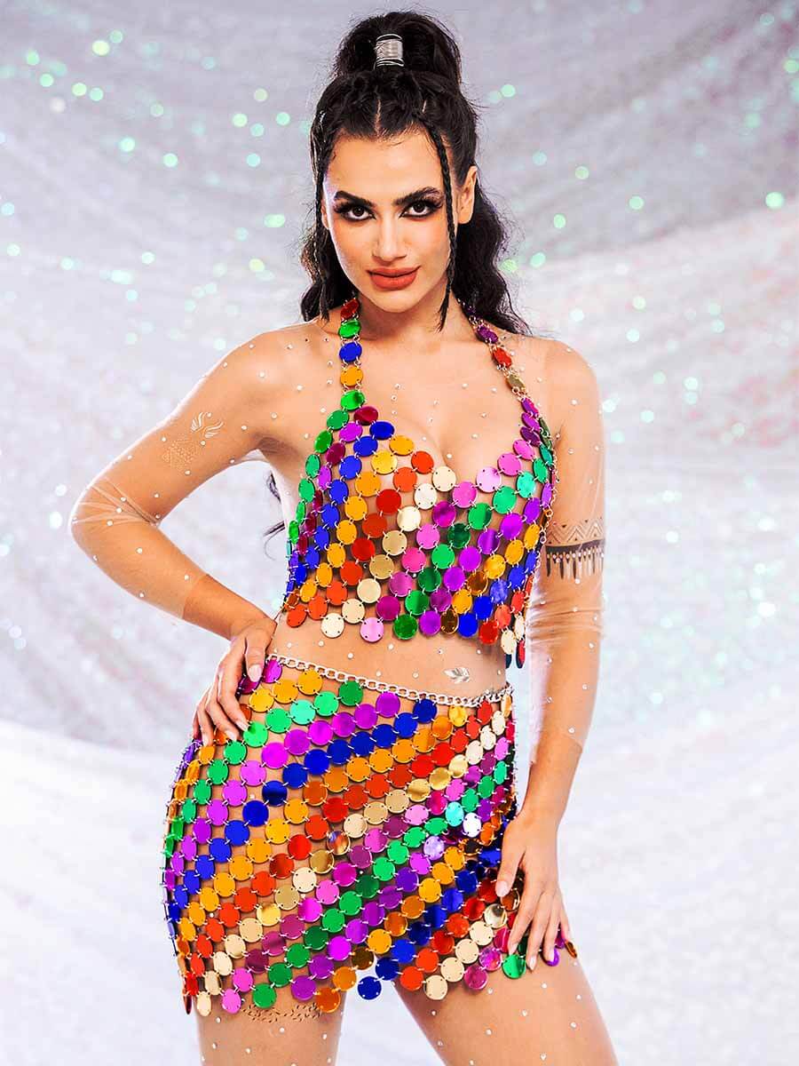 Two Piece Set Sequin - Rainbow Halter Top + Mini Skirt - Image 7