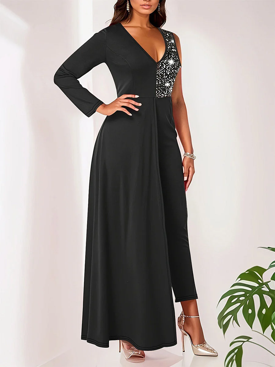 Two-Tone Fabric Sequin High-Waisted Slim-Fit Jumpsuit - Image 2