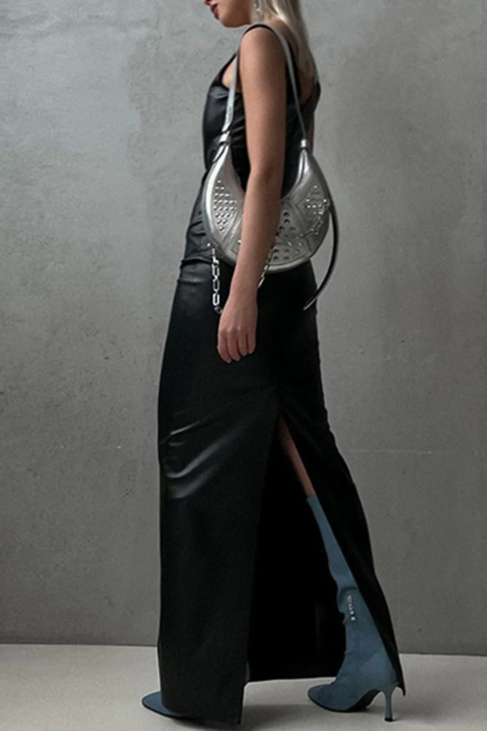 U Neck Solid Color PU Leather Bodycon Party Maxi Dresses-Black - Image 2