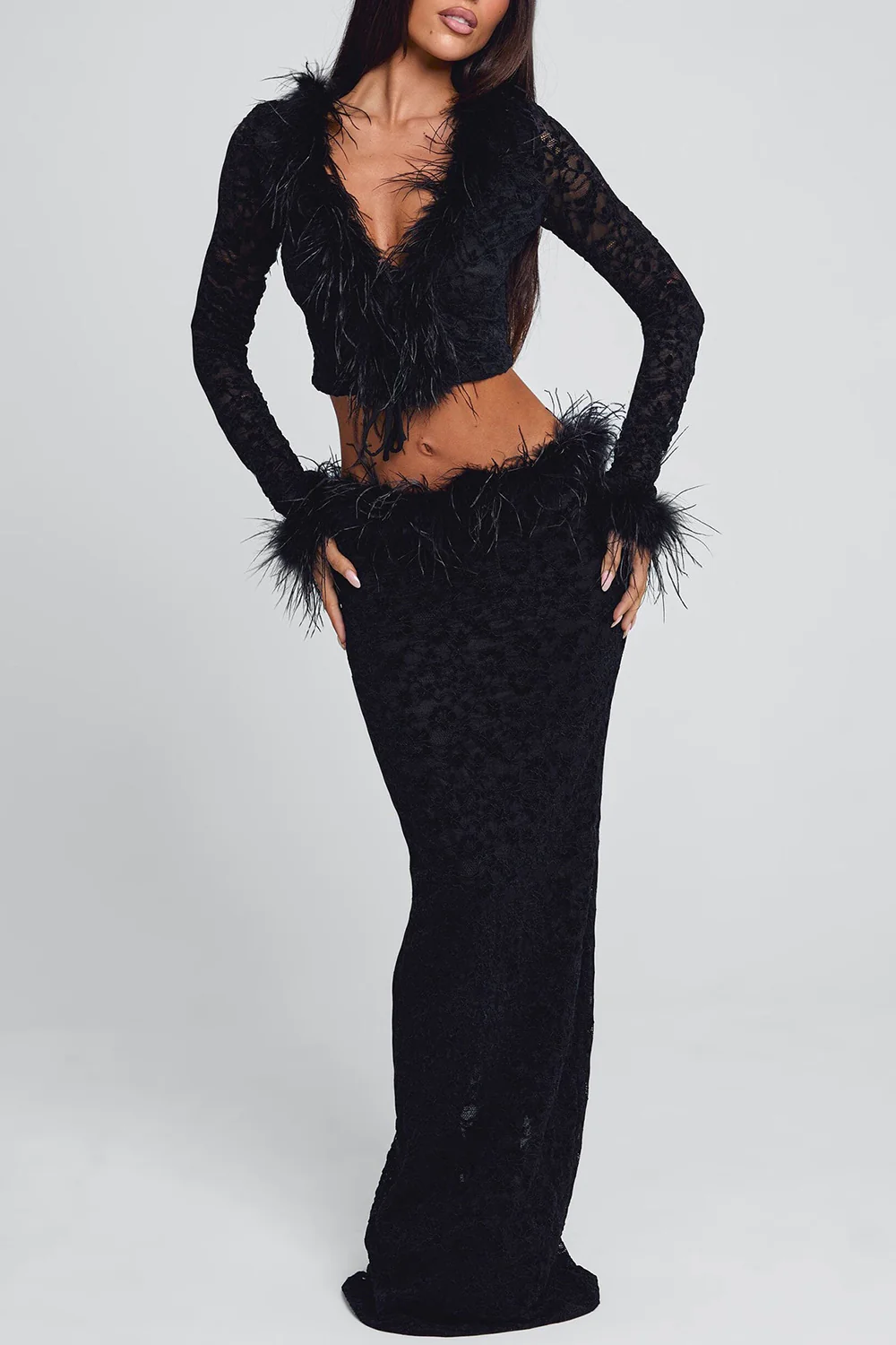 V Neck Crop Top Feather Trim Maxi Skirt Velvet 2pcs Set-Black Pre Order