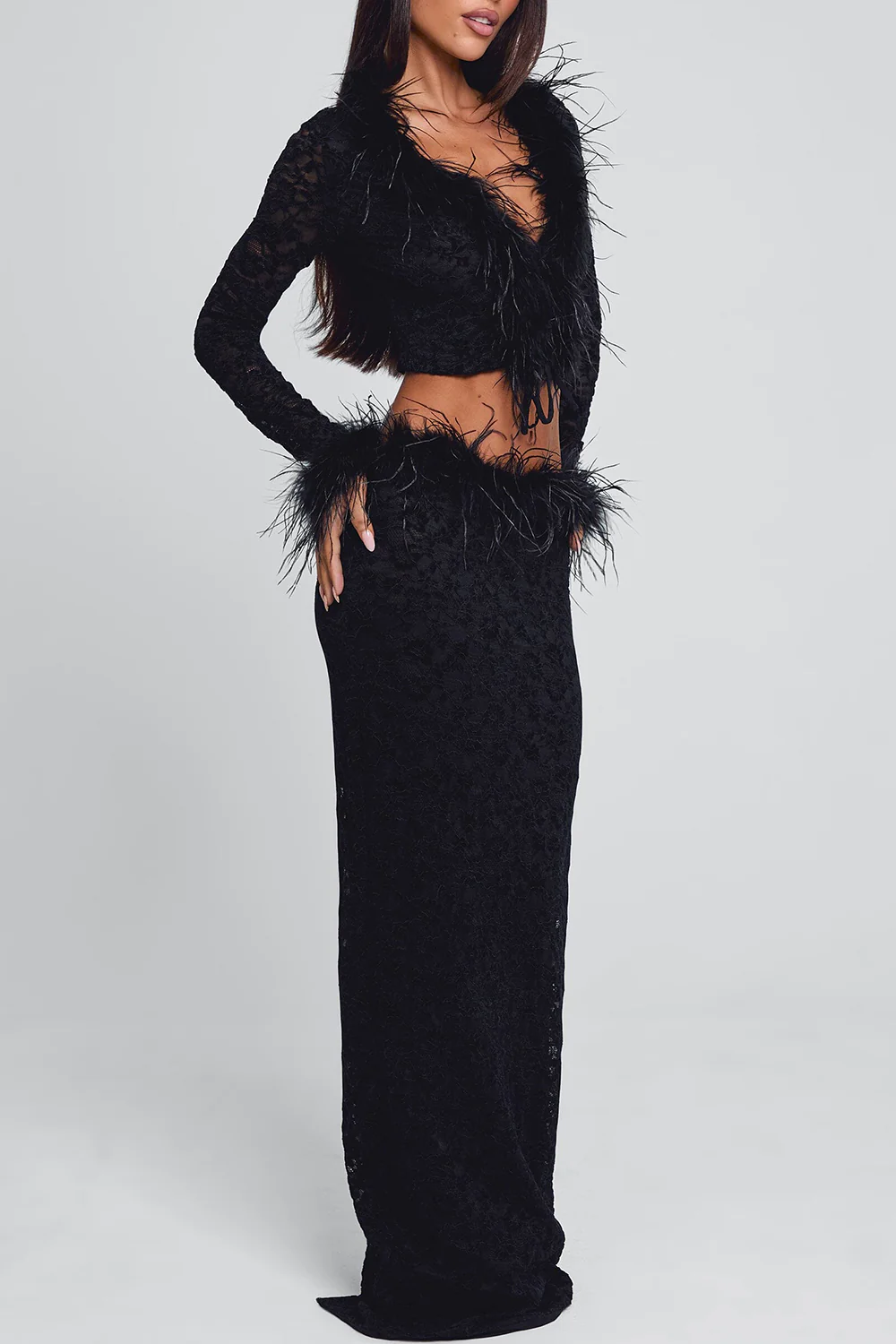 V Neck Crop Top Feather Trim Maxi Skirt Velvet 2pcs Set-Black Pre Order - Image 2