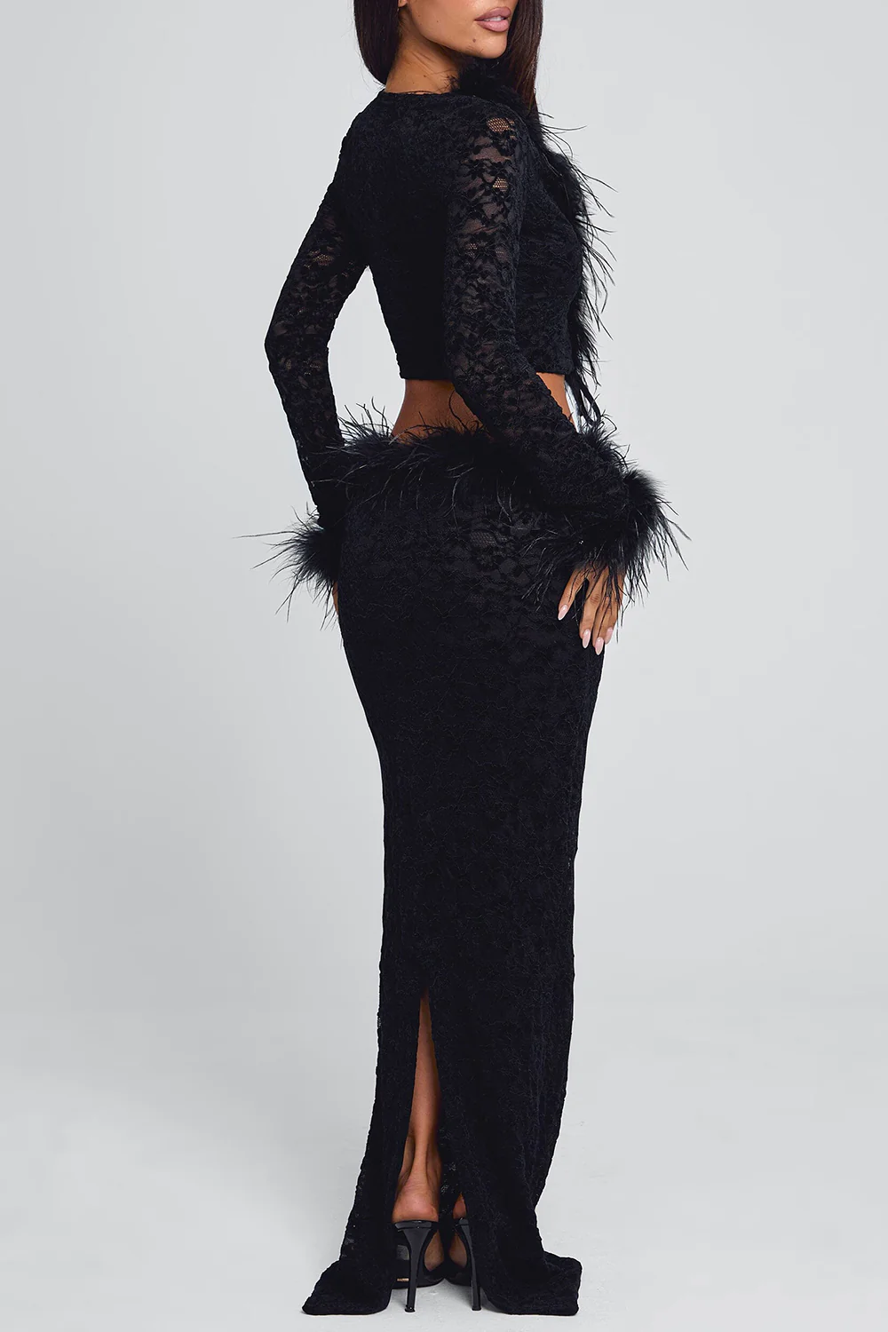 V Neck Crop Top Feather Trim Maxi Skirt Velvet 2pcs Set-Black Pre Order - Image 3