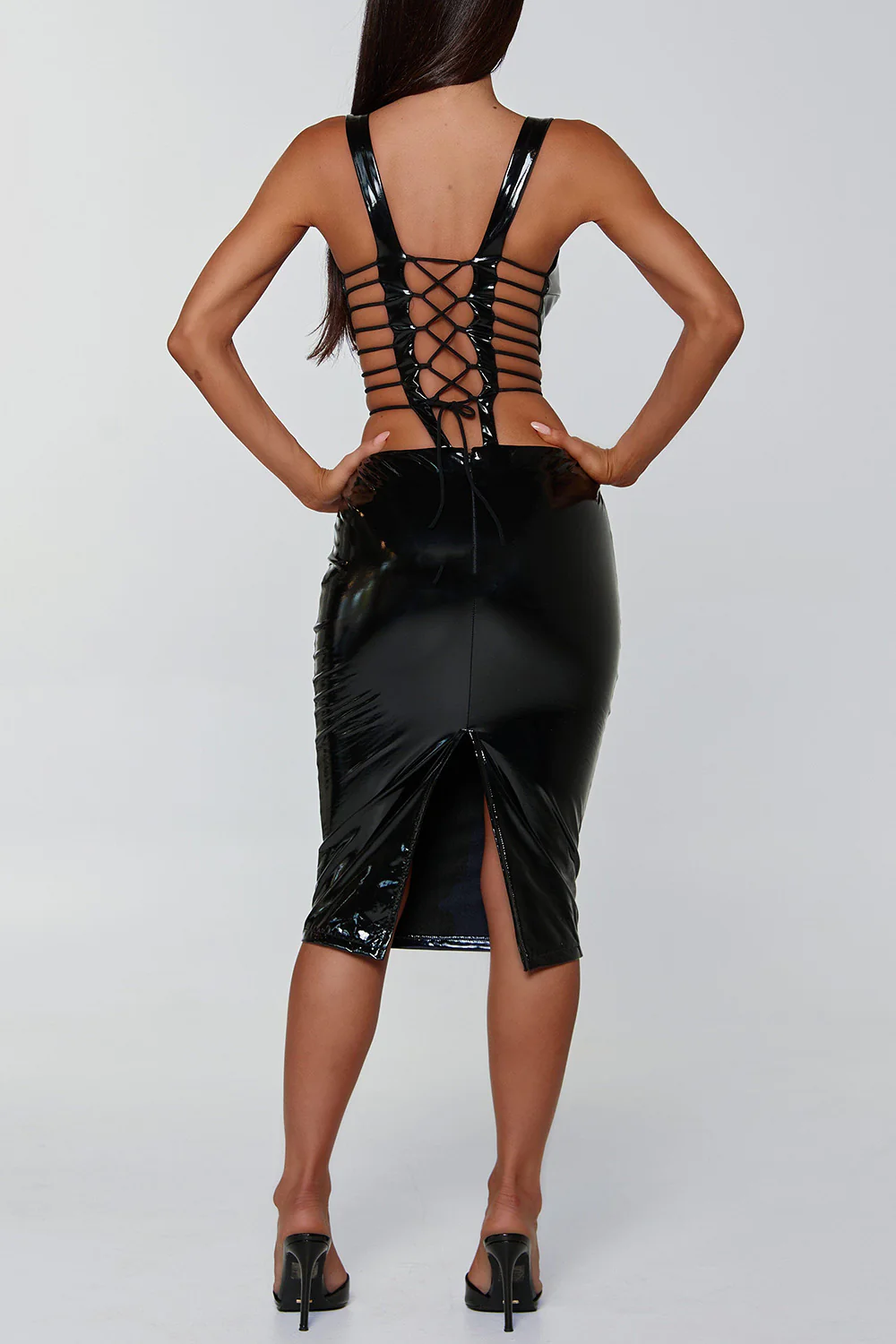 V Neck Cutout Bodycon Patent Leather Party Midi Dresses-Black Pre Order - Image 3
