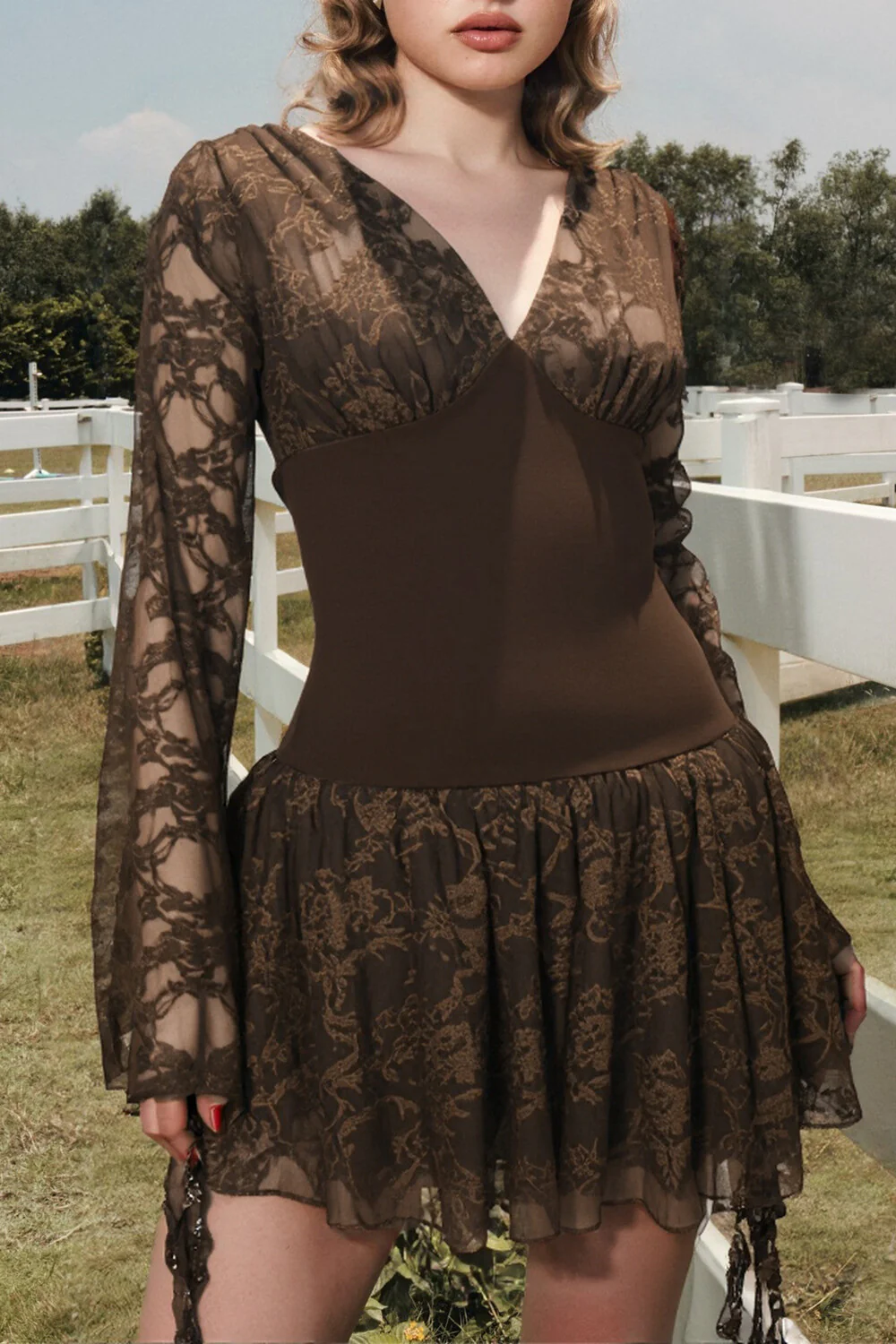 V Neck Cutout Long Sleeve Ruffled Sash Lace Patchwork Mini Dresses-Brown - Image 7