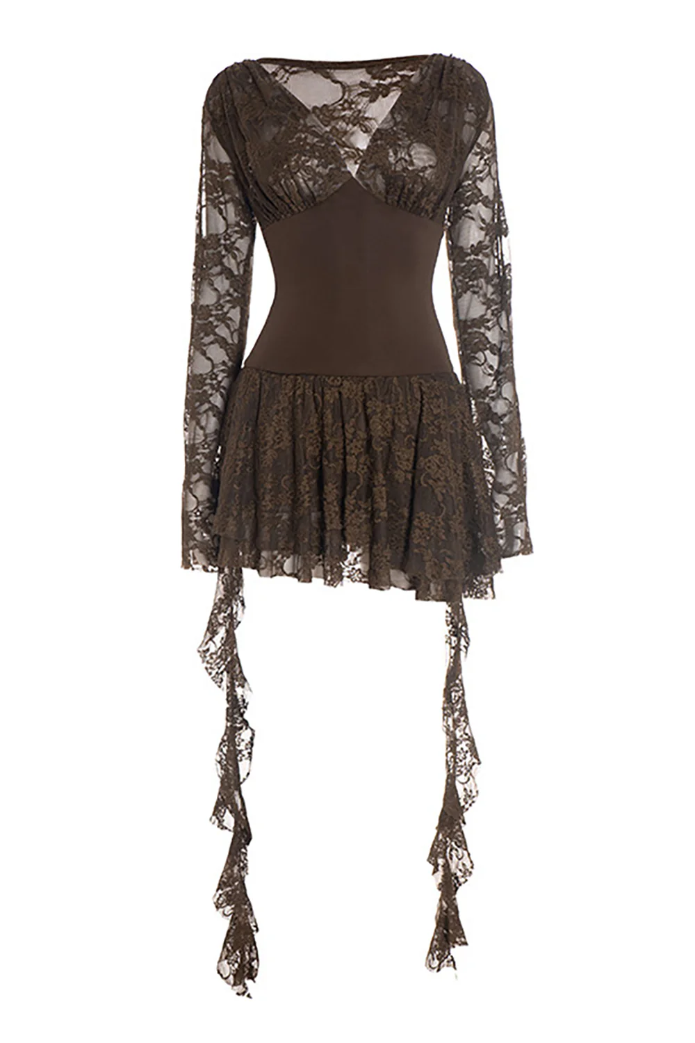 V Neck Cutout Long Sleeve Ruffled Sash Lace Patchwork Mini Dresses-Brown - Image 8