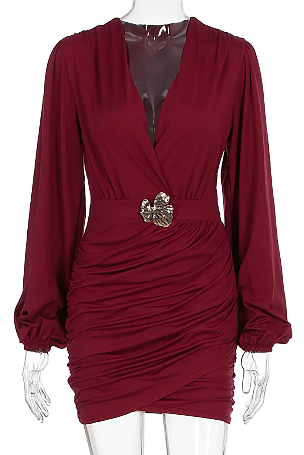 V Neck Lantern Sleeve Metal Flower Decor Ruched Bodycon Mini Dresses-Burgundy - Image 7