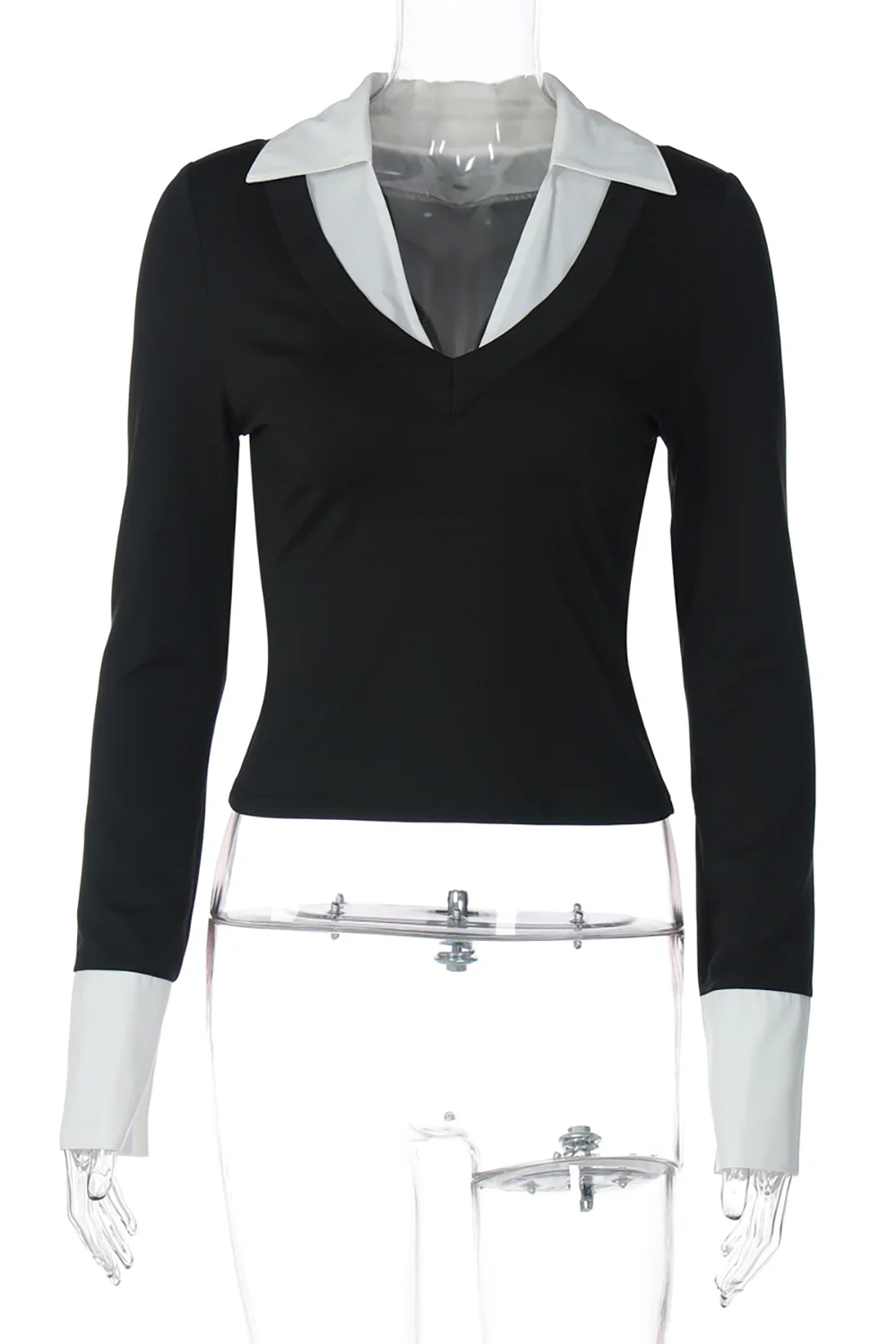 V Neck Long Sleeve Colorblock Patchwork Top-Black - Image 6