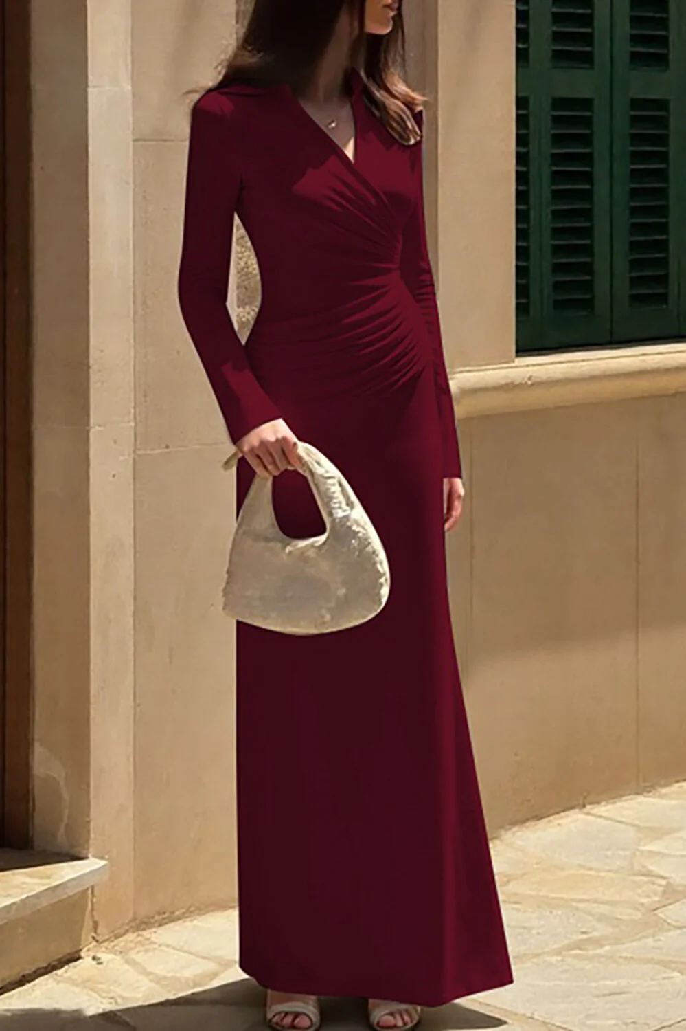 V Neck Long Sleeve Ruched Solid Color Slim Fit Maxi Dresses-White - Image 10