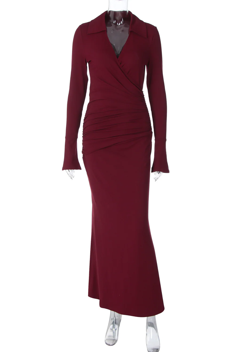 V Neck Long Sleeve Ruched Solid Color Slim Fit Maxi Dresses-White - Image 13