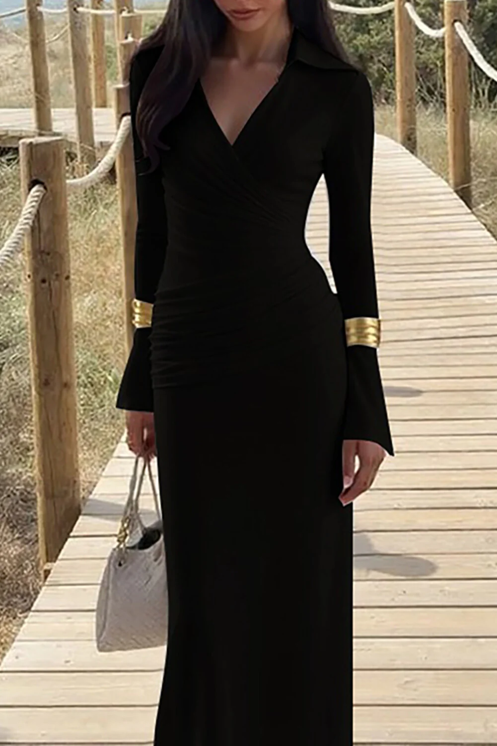 V Neck Long Sleeve Ruched Solid Color Slim Fit Maxi Dresses-White - Image 7