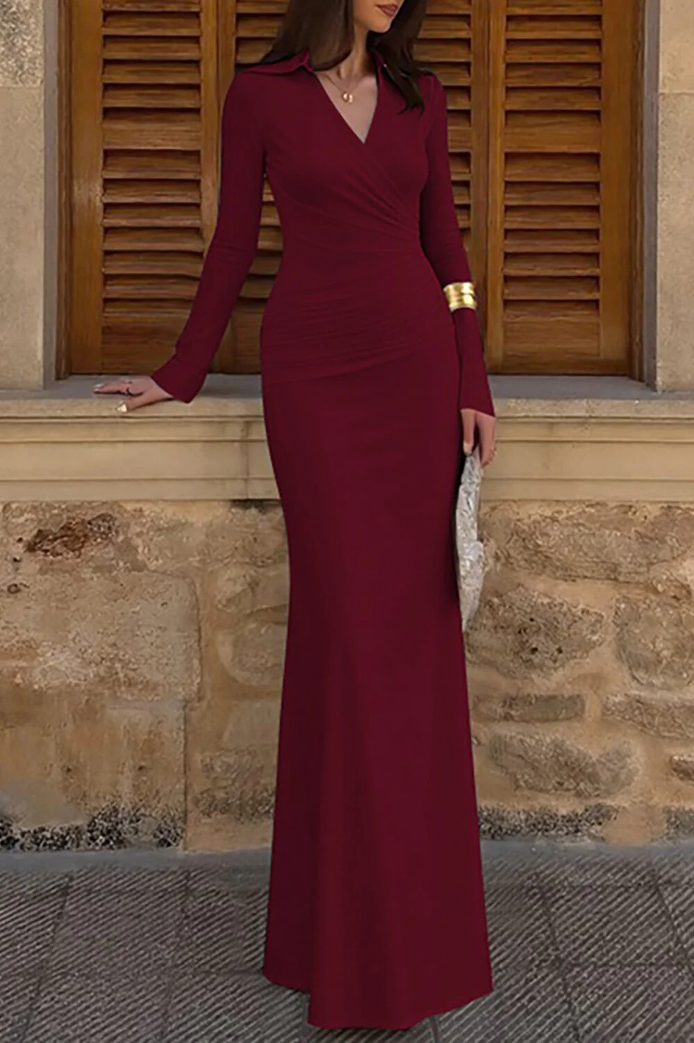 V Neck Long Sleeve Ruched Solid Color Slim Fit Maxi Dresses-White - Image 9